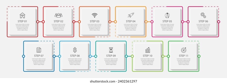 business infographic template. thin line design
with icons, text, number and 11 options or steps.
used for process diagrams, workflow layouts, flowcharts, infographics, and your presentations
