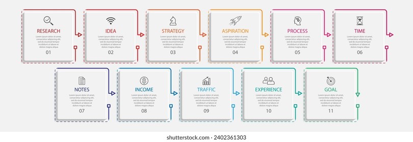 business infographic template. thin line design
with icons, text, number and 11 options or steps.
used for process diagrams, workflow layouts, flowcharts, infographics, and your presentations
