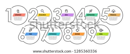 Business Infographic template. Thin line design with numbers 9 options or steps.