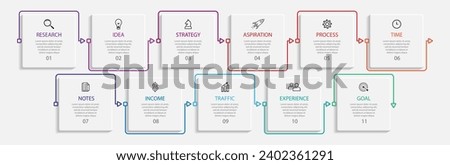 business infographic template. thin line design
with icons, text, number and 11 options or steps.
used for process diagrams, workflow layouts, flowcharts, infographics, and your presentations
