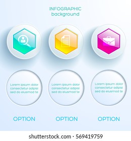 Business infographic template with three colorful glossy hexagons light circles and icons vector illustration