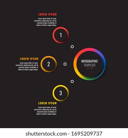 business infographic template with three round realistic elements on a black background. modern vector data visualisation with textboxes. easy to edit and customize. eps10