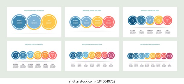 Business infographic template. Timeline with 3, 4, 5, 6, 7, 8 steps, options, circles. Vector chart.