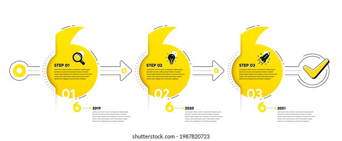 Business Infographic template. Timeline with 3 steps. Workflow process diagram with Research, Idea bulb and Startup rocket icons. Timeline infograph diagram. Quotes journey path infographics. Vector