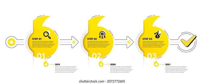 Business Infographic template. Timeline with 3 steps. Workflow process diagram with Research, Teamwork, Money bag icons. Timeline infograph diagram. Quotes journey path infographics. Vector