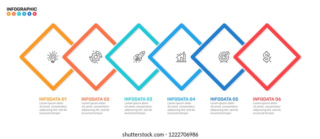 Business infographic template. Timeline with 6 steps, options, square, marketing icon. Vector illustration. Can be used for chart, graph, diagram, web design, presentation. 