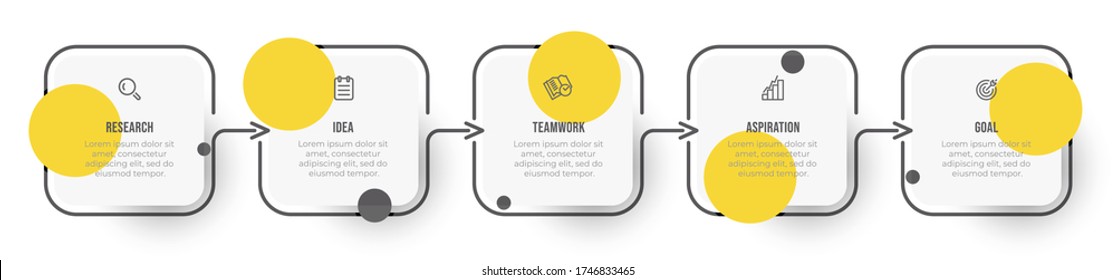 Business infographic template. Timeline design with icons and 5 steps or processes. Vector thin line design with squares and arrows.