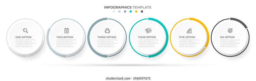 Business infographic template. Timeline elements design with circles and icons. Vector with 6 options or steps.