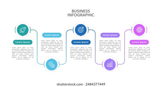 Línea de tiempo de Plantilla de infografía de negocios con cinco elementos para presentación. Flujo de trabajo, marketing, planificación, calendario e informe anual. Ilustración vectorial.