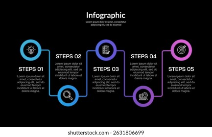Linha do tempo do modelo de infográfico de negócios com cinco elementos para apresentação em plano de fundo preto. Banner, marketing, planejamento, cronograma e relatório anual. Ilustração vetorial.