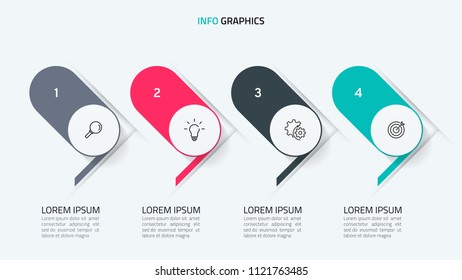 Business infographic template. Timeline process with 4 options, steps and marketing icons can be used for workflow diagram, annual report, presentation. Vector illustration.