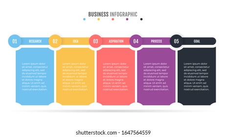 Business Infographic template. Timeline process with marketing icons and 5 steps, options. Vector for annual report and presentation.