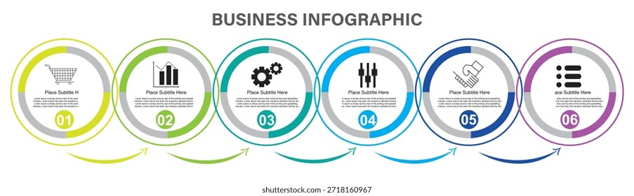 Vetor de modelo de infográfico de negócios - 6 etapas círculo processo fluxograma projeto colorido