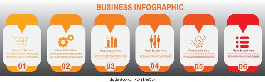 Business Infographic Template Vector - 6 Steps Process Flow Chart Orange Gradient Design Elements