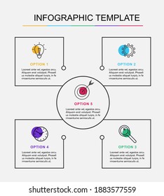 Plantilla de infografía de negocios. Diseño vectorial con iconos, texto y 5 opciones o pasos. Espacio en blanco para contenido, negocios, infografía, diagrama, diagrama de flujo, proceso, diagrama, línea de tiempo.