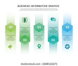 Elemento de vetor de modelo de informações comerciais. Infográfico horizontal em 5 passos. Colunas de apresentação, planilha, gerenciamento de planejamento.