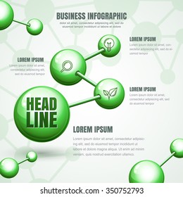 Business infographic template. Vector green molecular structure background. Concept for science, ecology, biotechnology, chemical industry themes. Design for banner, brochure, presentation, flyer.
