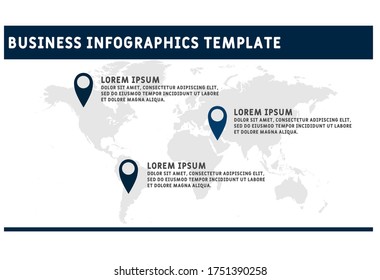 Business infographic template. World map infographic with  pins. Vector with blue, gray and white. 
