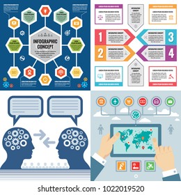 Business infographic templates concept vector illustration. Abstract banner set. Advertising promotion layout collection for presentation. Human hands and head. Numbered step options. Design elements.