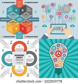 Business infographic templates concept vector illustration. Abstract banner set. Advertising promotion layout collection for presentation. Human hands & tablet. Lightbulb. Graphic design elements. 