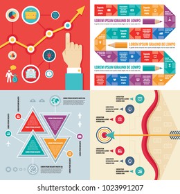 Business infographic templates concept vector illustration. Abstract banner set. Advertising promotion layout collection for presentation. Time line. Human hand and growth exchange graphic. 