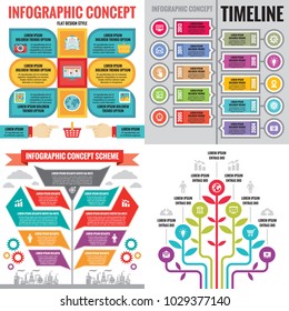 Business infographic templates concept vector illustration. Abstract banner set. Advertising promotion layout collection for presentation. Timeline. Tree. Human hands. Graphic design elements. 
