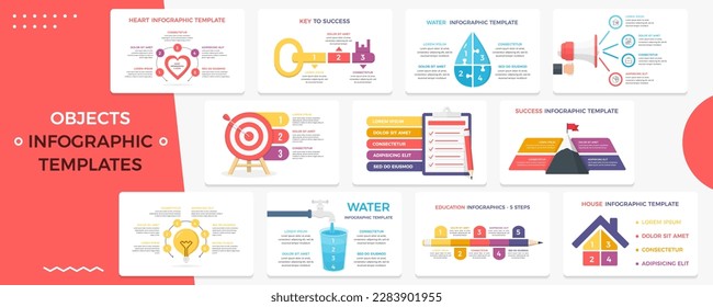 Business infographic templates with different objects - heart, bulb, pencil, key to success, vector eps10 illustration