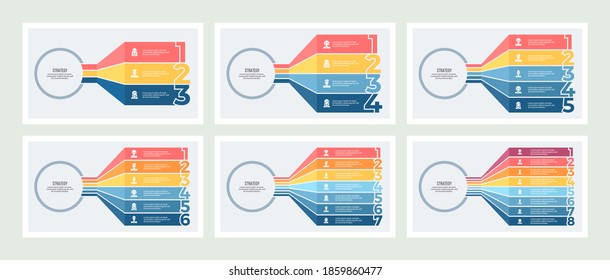 Business infographic templates. Organization charts with 3, 4 ,5, 6, 7, 8 steps, number options. Vector chart. 