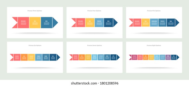 Business infographic templates. Timeline with 3, 4, 5, 6, 7, 8 steps, options. Vector chart.