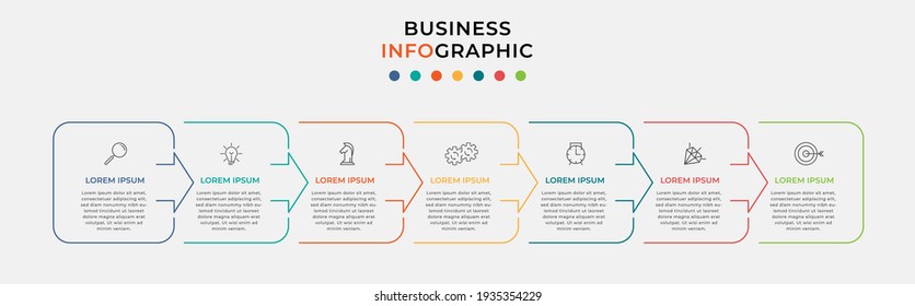 Business Infographic thin line arrow design template Vector with icons and 7 options or steps. Can be used for process diagram, presentations, workflow layout, banner, flow chart, info graph