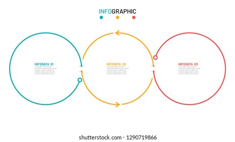 Business infographic thin line design with circles, arrows. Timeline with 3 options, steps or processes. Vector illustration. Can be used for workflow diagram, annual report, flowchart, presentation.