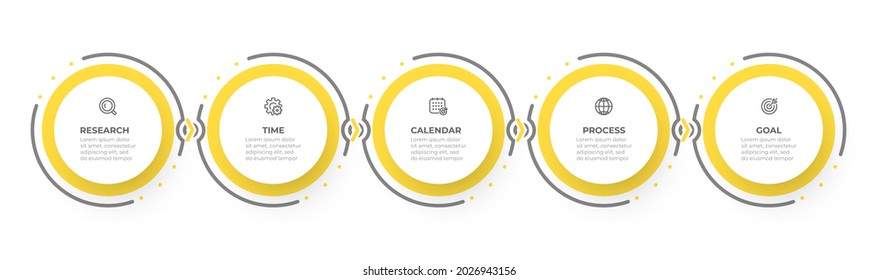 Business infographic thin line design with circles and marketing icons. Timeline process with 5 options or steps. Vector illustration.