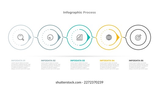Business Infographic thin line elements for Business process steps with 5 options and marketing icons. Vector illustration.