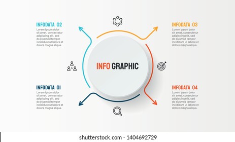 Business infographic. Thin line flat with 4 options, steps, arrows and marketing icons. Vector template.