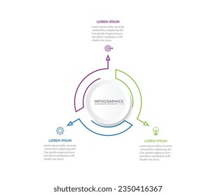 Infografía empresarial. Línea fina plana con 3 opciones, pasos, flechas e iconos de marketing. Plantilla de vectores.