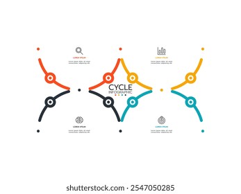 Infografía de negocios. Línea delgada plana con 4 opciones, pasos, flechas e iconos de marketing. Plantilla de Vector.