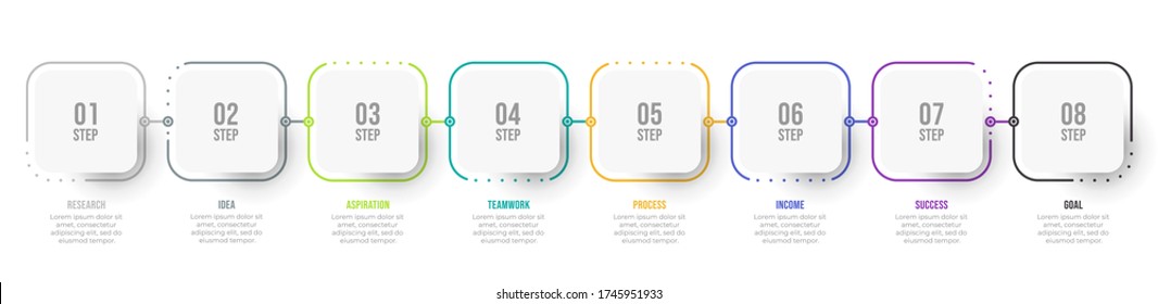 Business infographic thin line process with square template design with icons and 8 options or steps. Vector illustration.