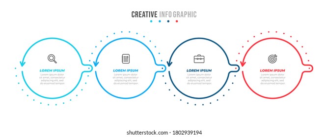 Business infographic thin line process with circle and arrows template design with icons and 4 options or steps. Vector illustration.