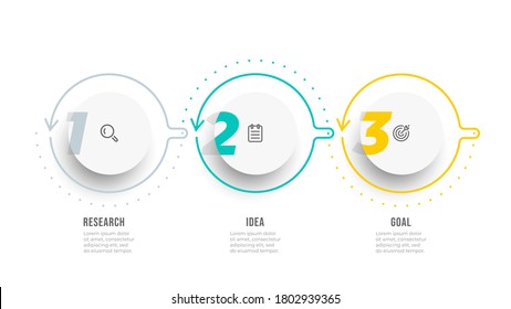 Proceso de línea delgada de infografía empresarial con diseño de plantillas de números y círculos con iconos y 3 opciones o pasos. Ilustración vectorial.