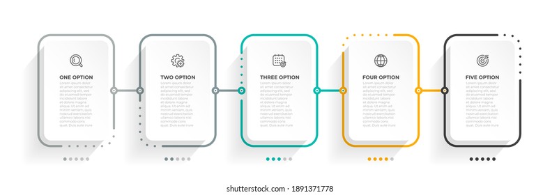 Business infographic thin line process with square template. Vector illustration. Timeline processes with 5 options, steps or parts. 