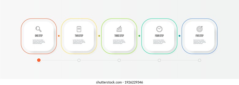 Business infographic thin line process with square template design with icons and 5 options or steps on grey and dark background. Vector progress paper modern web banners set design template