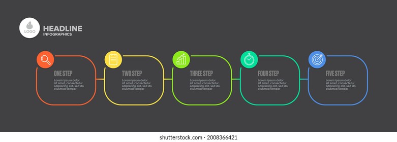 Business infographic thin line process with square template design with icons and 5 options or steps on grey dark background. Vector progress paper modern web banners set design template