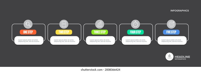 Business infographic thin line process with square template design with icons and 5 options or steps on grey dark background. Vector progress paper modern web banners set design template