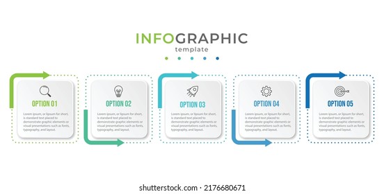 Geschäftsinfographischer Dünnlinienprozess mit quadratischem Vorlagendesign mit Symbolen und 5 Optionen oder Schritten. Vektorgrafik.