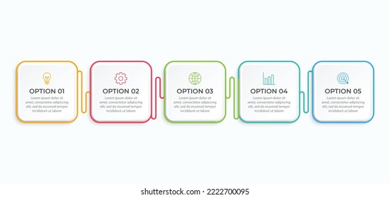 Business infographic thin line process with square template design with icons and 5 options or steps. Vector illustration.