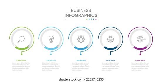 Business infographic thin line process with circle template design with icons and 5 options or steps.