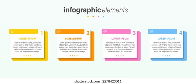 Proceso de línea delgada con infografía de negocio con diseño de plantilla cuadrada con iconos de color diferentes y 4 opciones o pasos. Ilustración vectorial.
