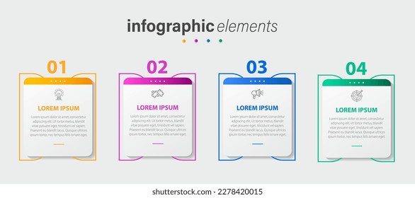 Proceso de línea delgada con infografía de negocio con diseño de plantilla cuadrada con iconos de color diferentes y 4 opciones o pasos. Ilustración vectorial.
