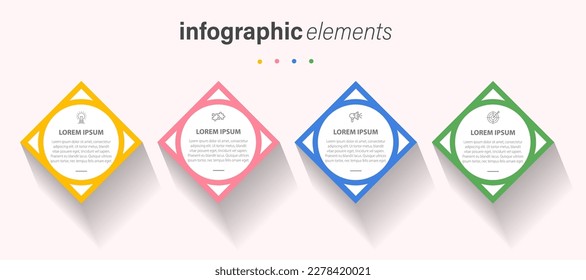 Business infographic thin line process with square template design with different color icons and 4 options or steps. Vector illustration.

