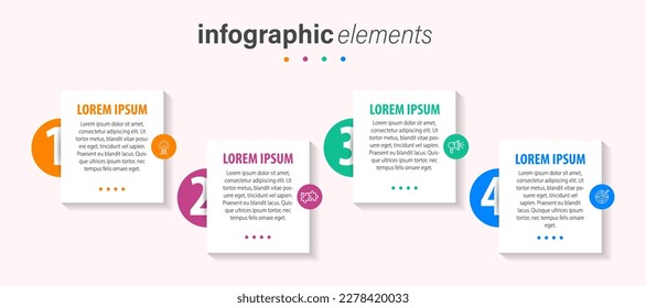 Geschäftsinfographischer Dünnzeilenprozess mit quadratischem Vorlagendesign mit verschiedenen Farbsymbolen und 4 Optionen oder Schritten. Vektorgrafik.
